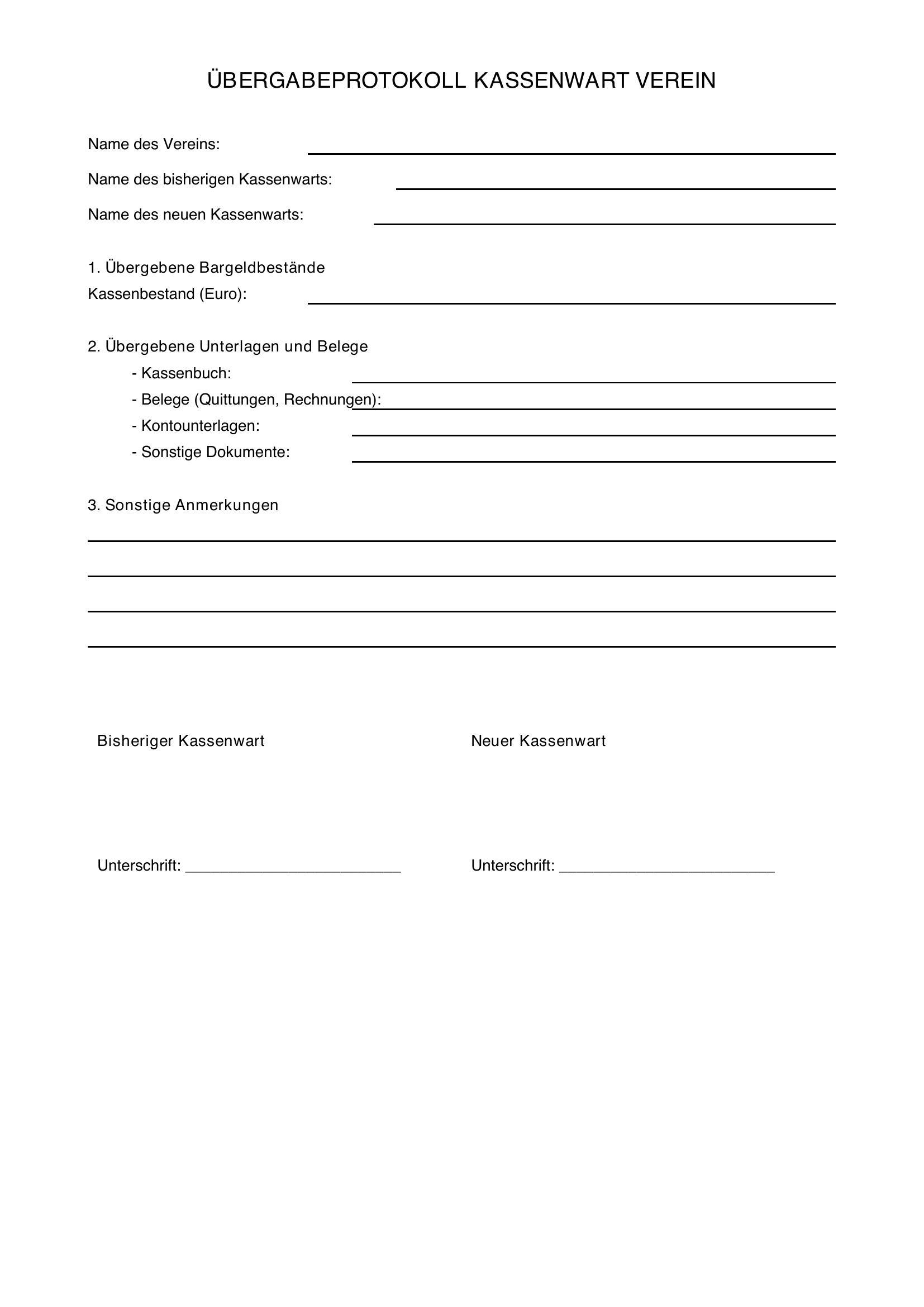 Übergabeprotokoll Kassenwart Verein Vorlage