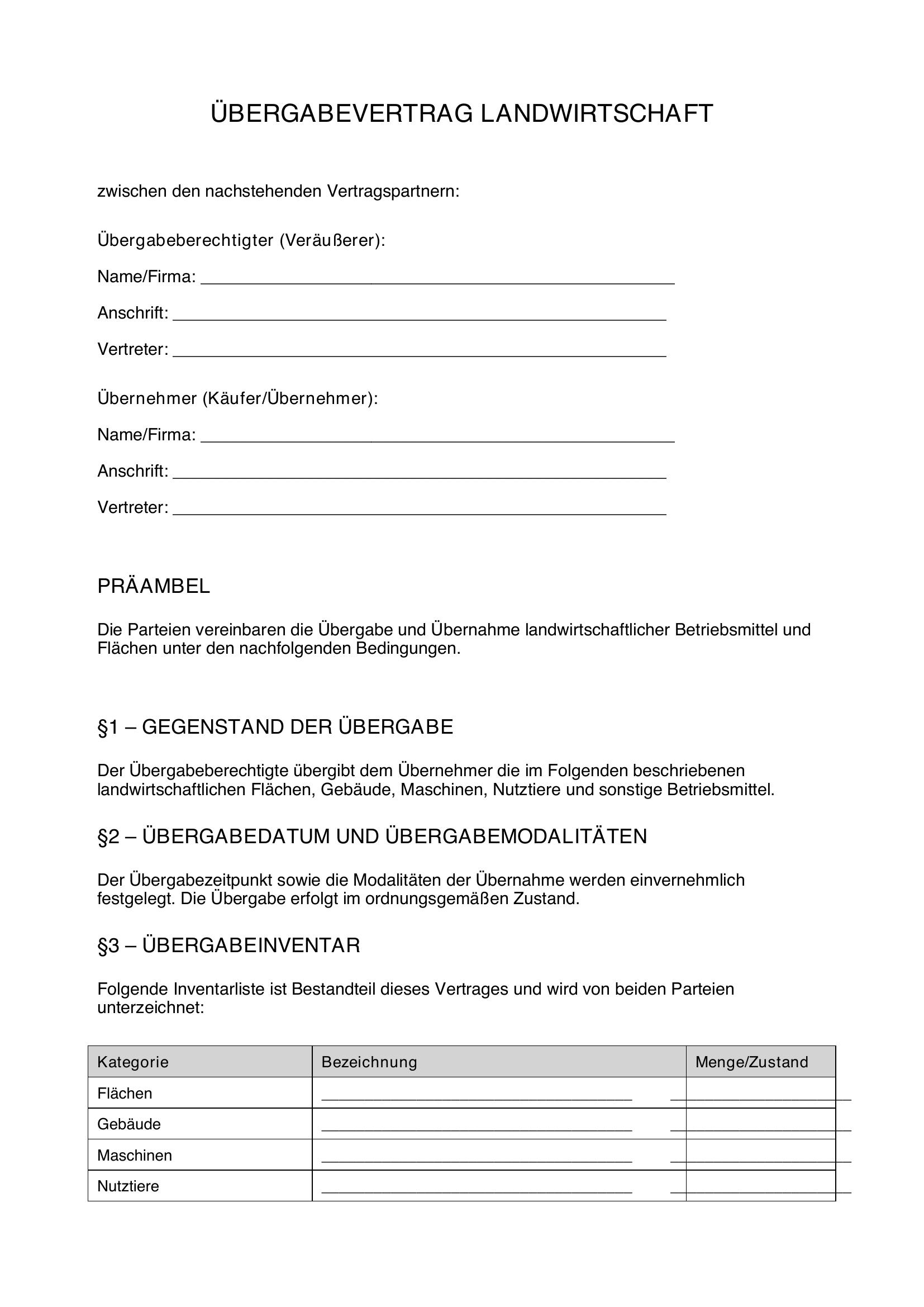 Übergabevertrag Landwirtschaft Muster