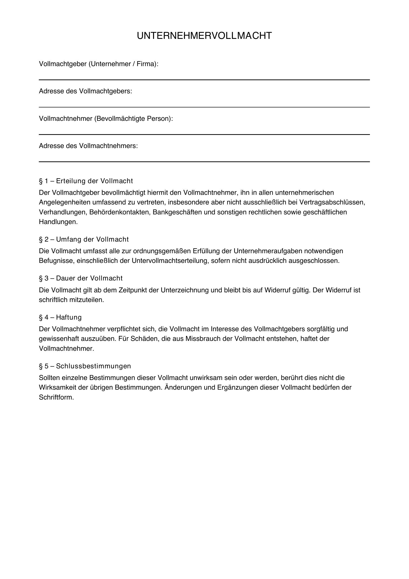 Unternehmervollmacht Muster