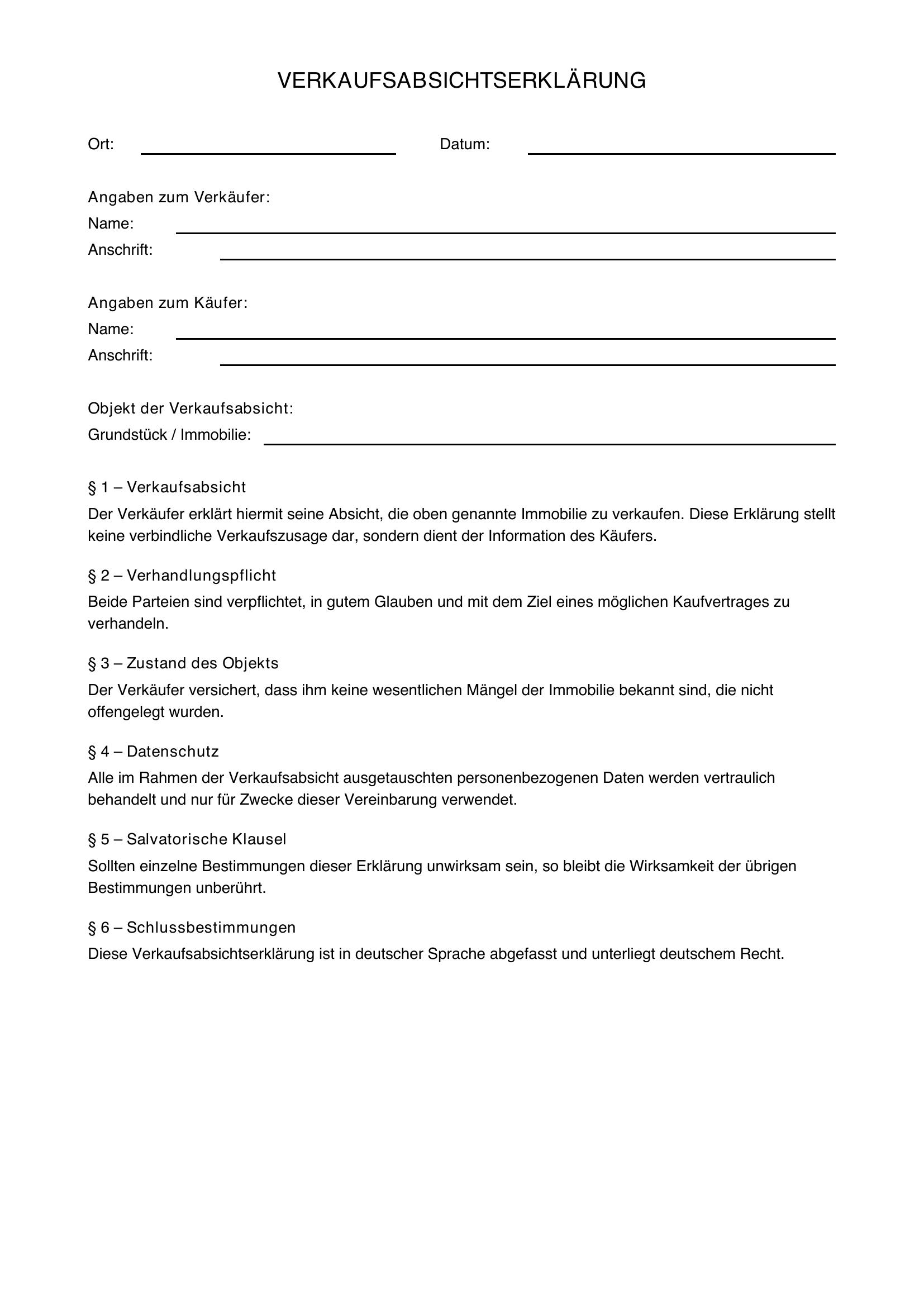 Verkaufsabsichtserklärung