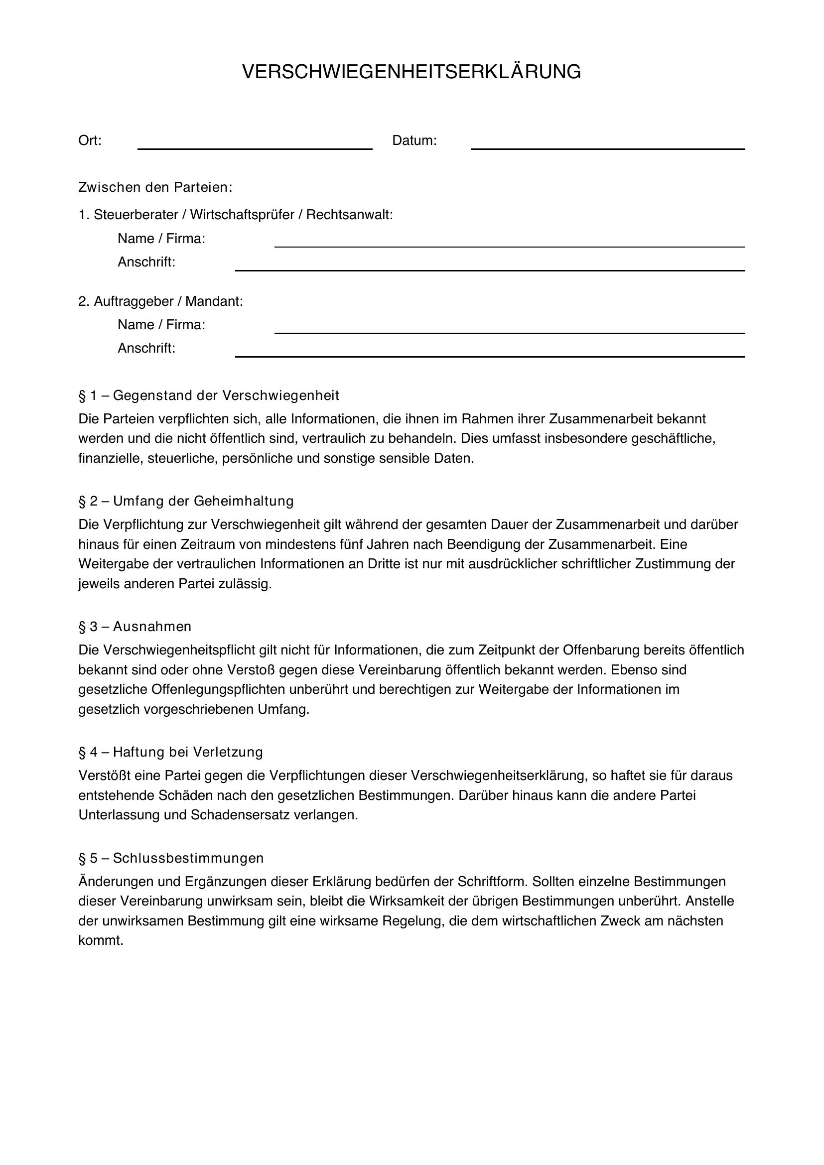 Verschwiegenheitserklärung Steuerberater