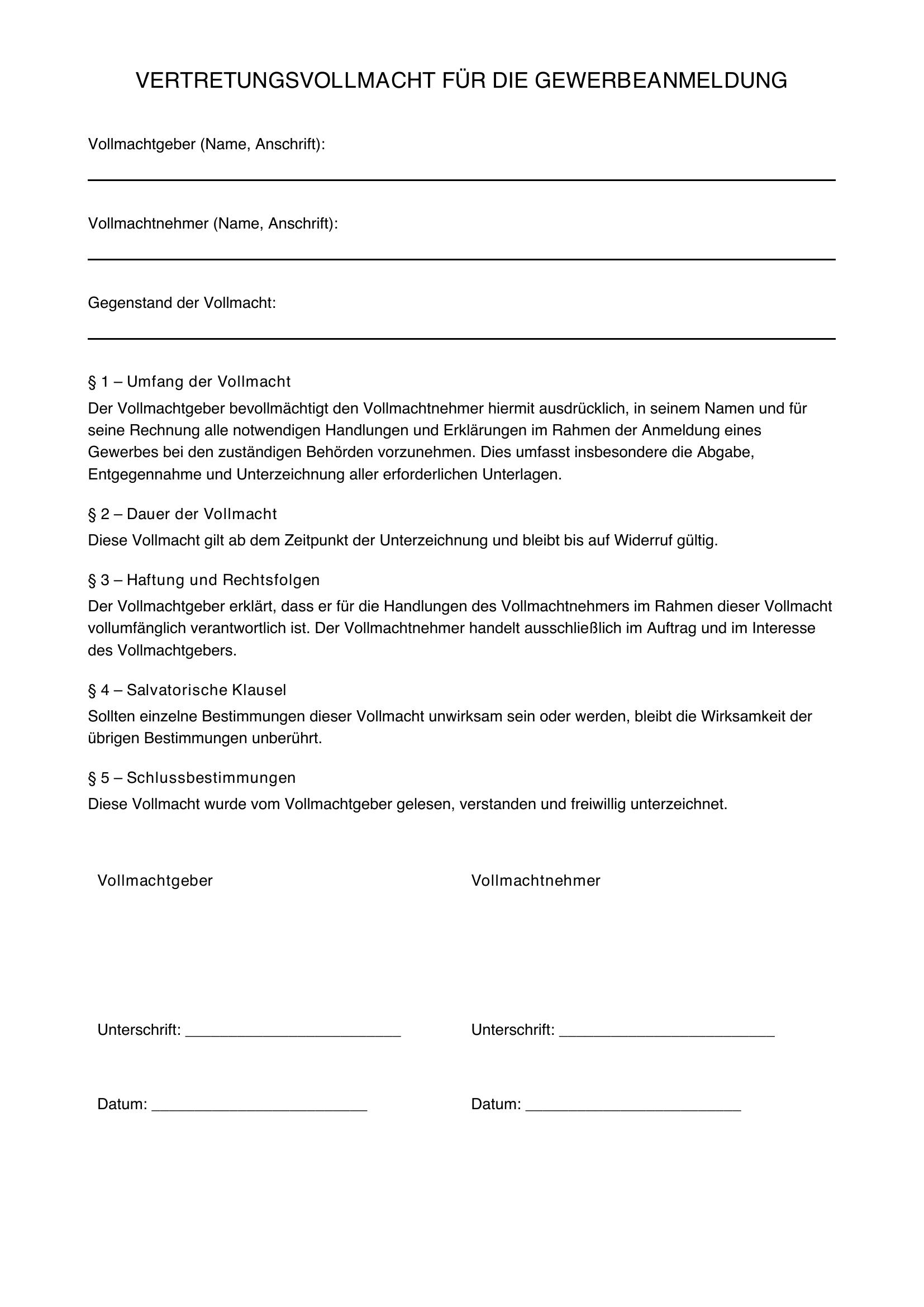 Vertretungsvollmacht Gewerbeanmeldung