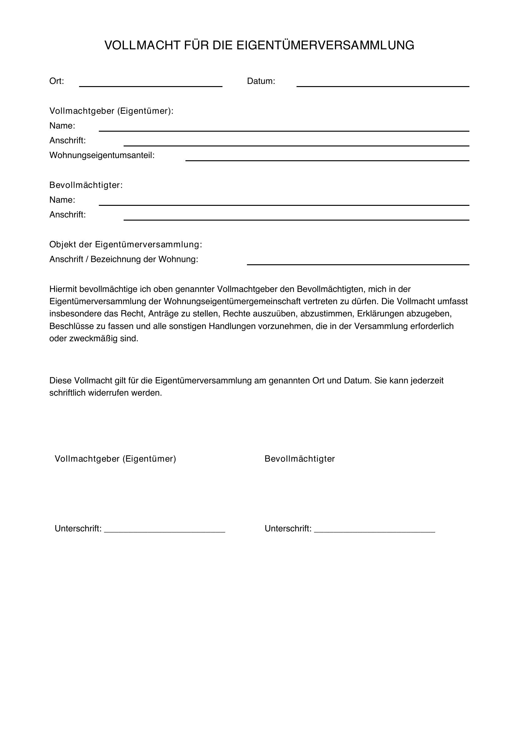 Vorlage Vollmacht Eigentümerversammlung