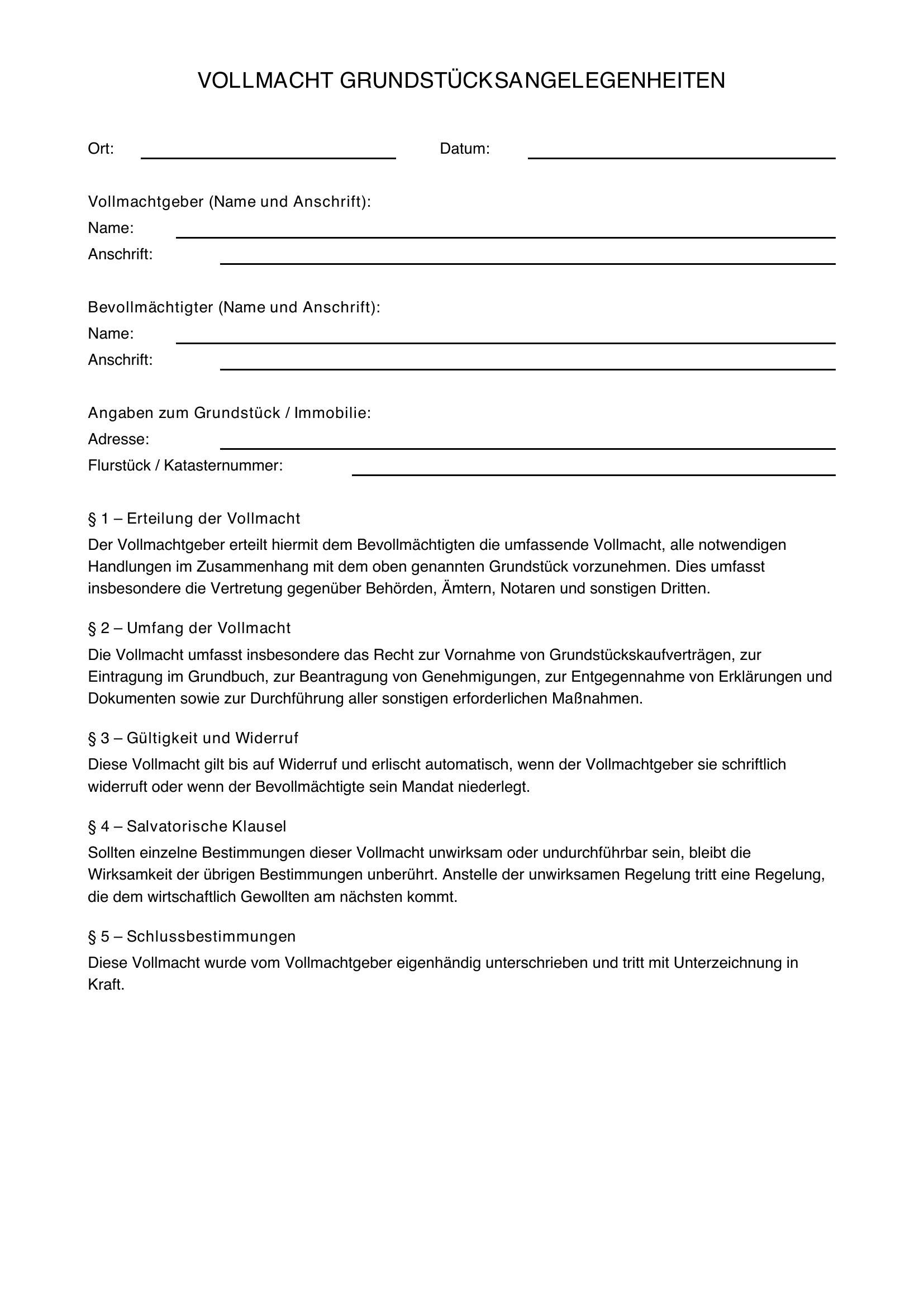 Vordruck Vollmacht Grundstücksangelegenheiten