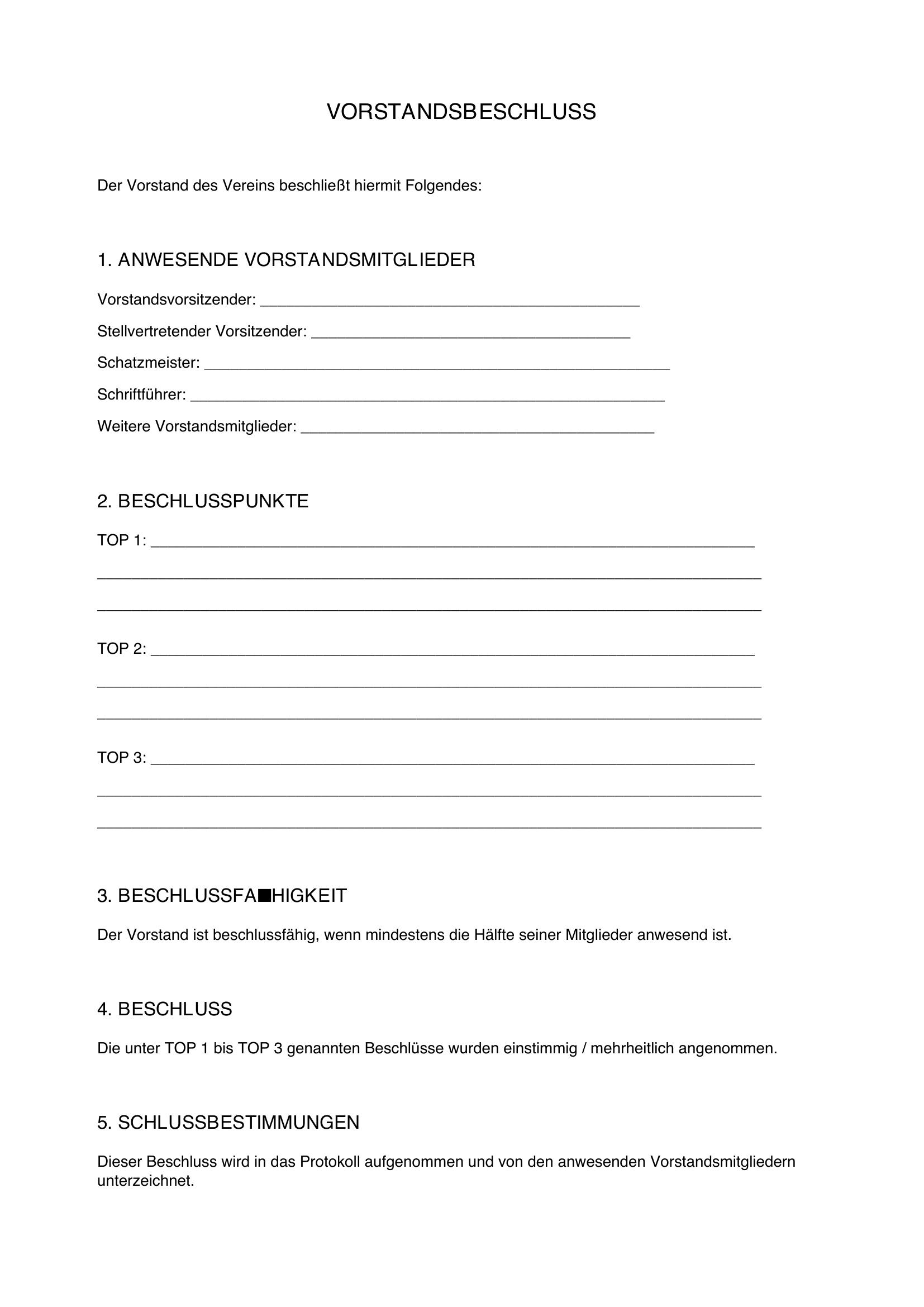 Vorstandsbeschluss Verein Vorlage