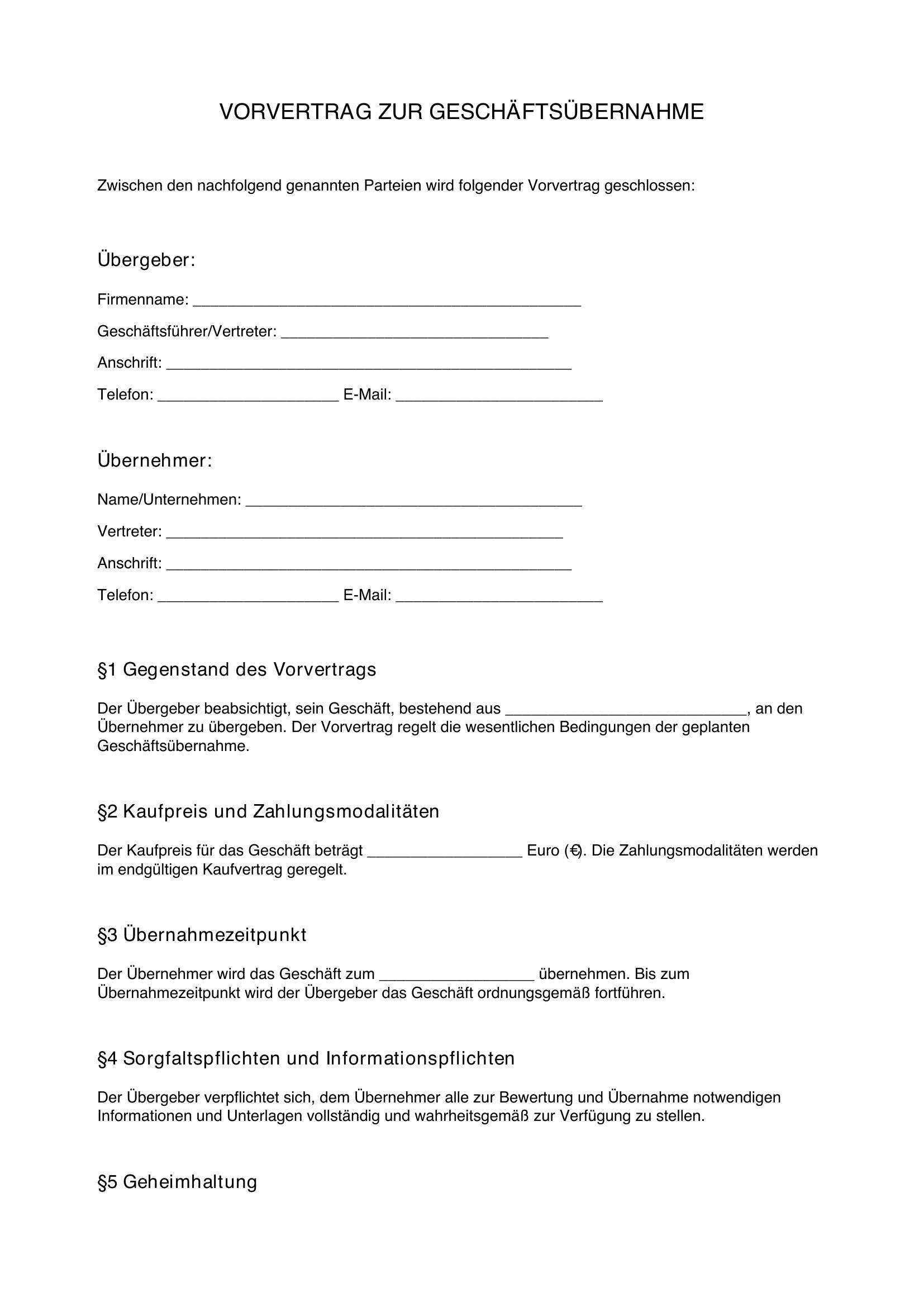 Vorvertrag Geschäftsübernahme Muster