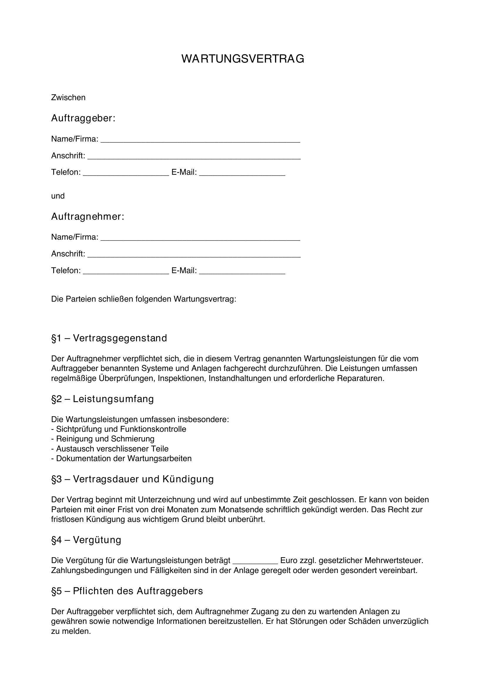 Wartungsvertrag Vorlage