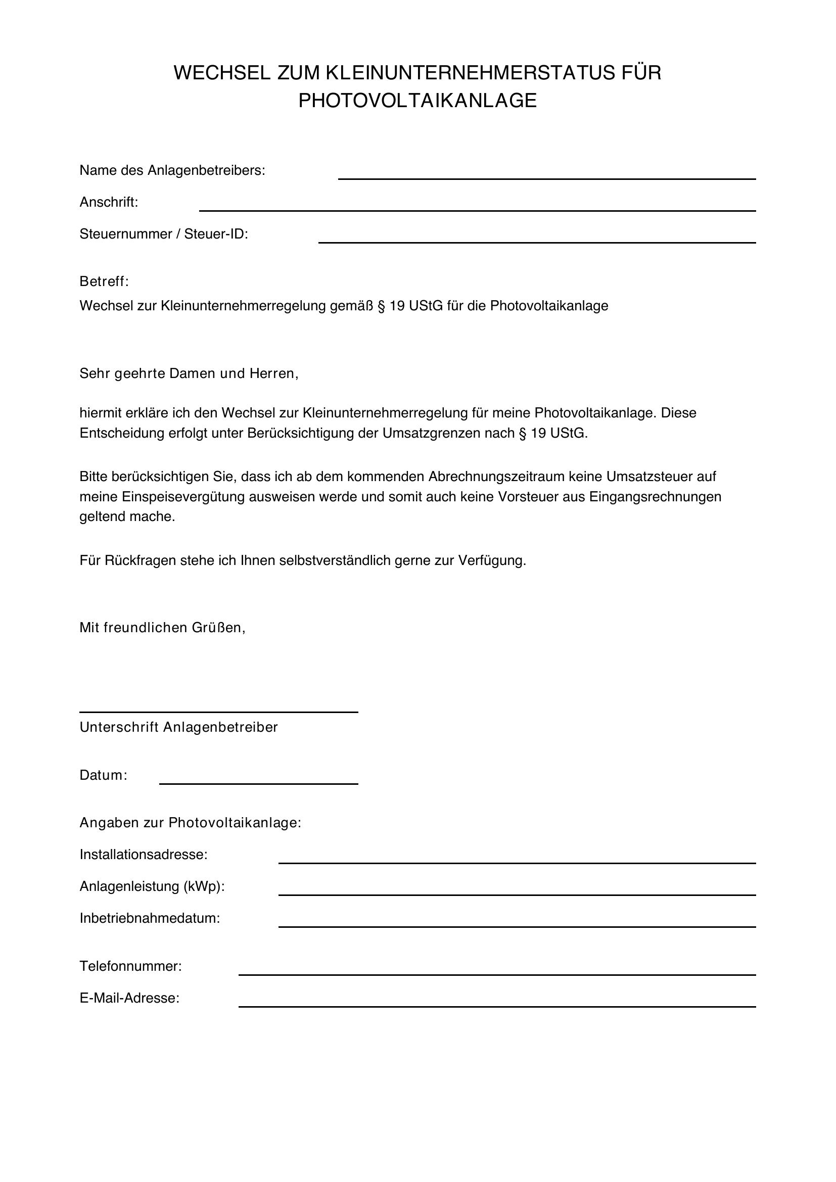 Wechsel Kleinunternehmer Photovoltaik Musterschreiben
