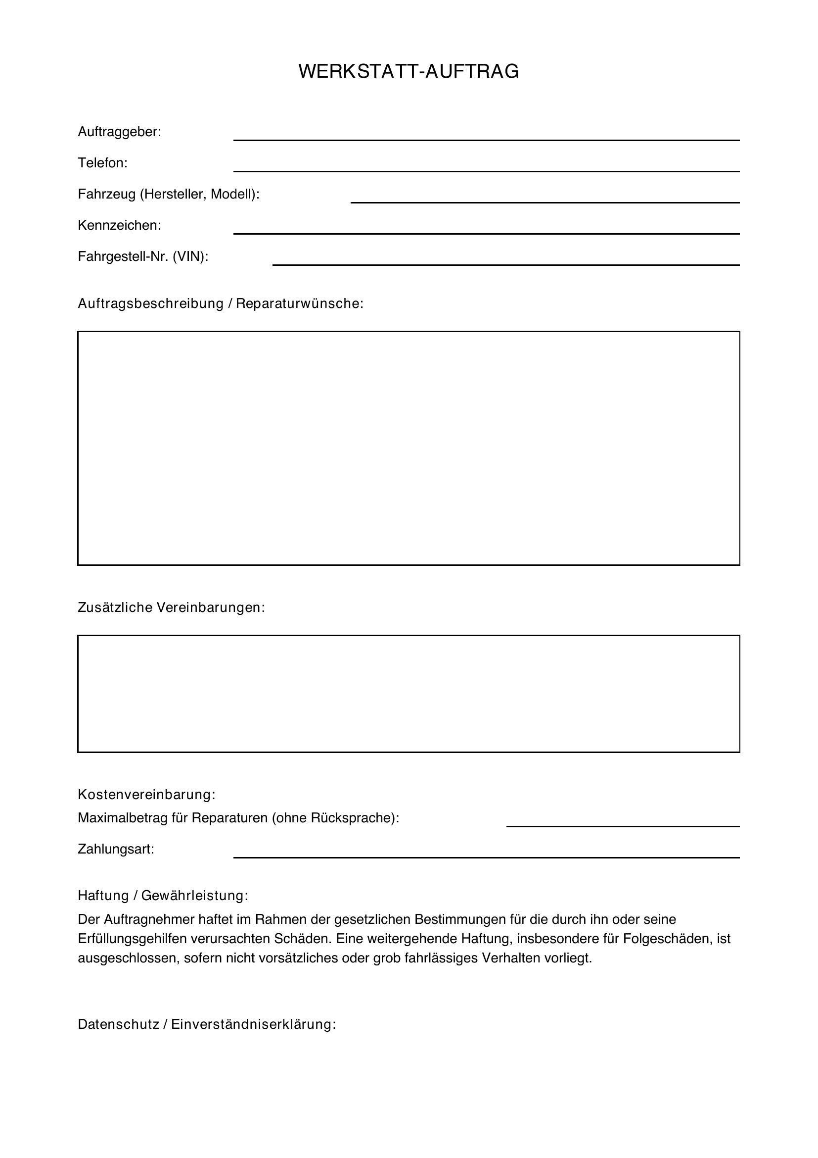 Werkstattauftrag Vorlage